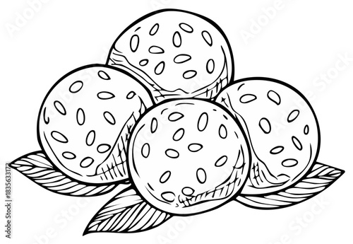 Hand drawn Asian sesame seed balls dessert on leaves a black and white line art coloring page