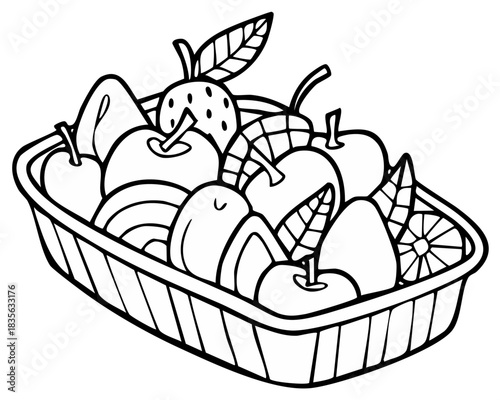 Basket full of fresh fruits, black and white outline drawing: apples, pears, strawberry, and orange for coloring books