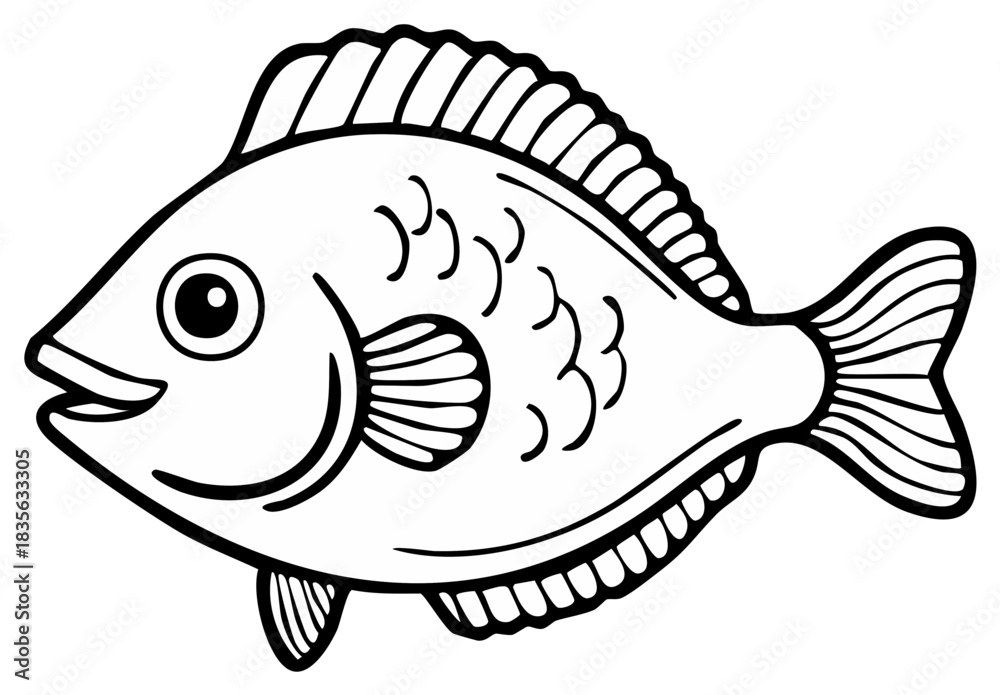 Fototapeta premium Cute fish character outline for a coloring book page. Simple black and white line art illustration.