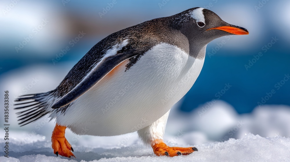 Fototapeta premium Gentoo Penguin Waddling on Antarctic Ice Floe, Capturing the Beauty of Polar Wildlife in Action