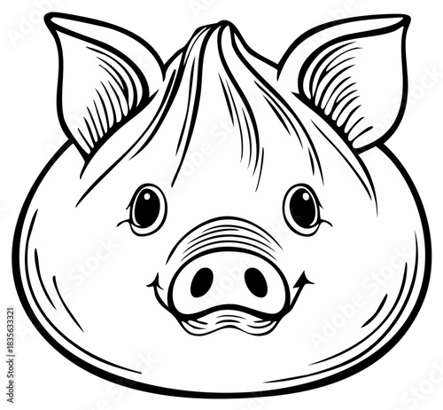 Cute smiling pig face illustration with bao bun dumpling styling black and white line art