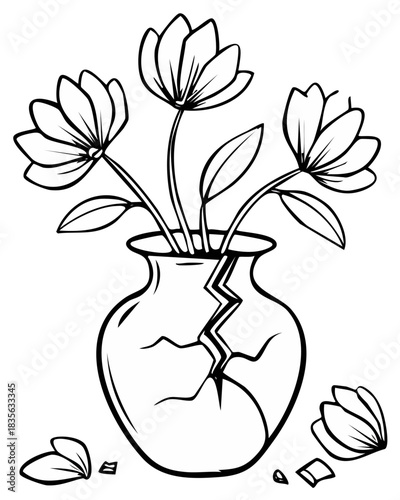 Broken vase with flowers, petals and leaves in black and white illustration