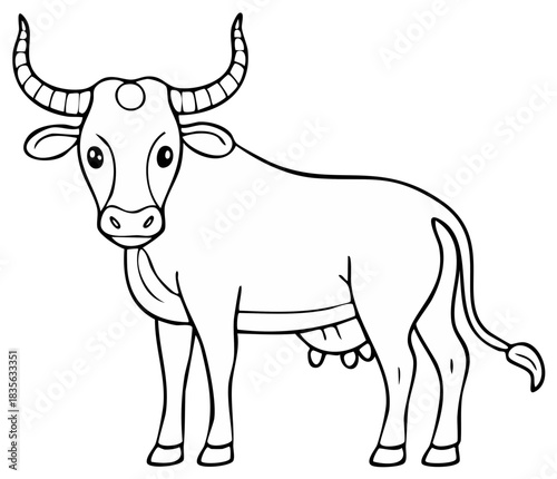 A friendly sacred Indian Zebu cow with large horns black and white outline for coloring page