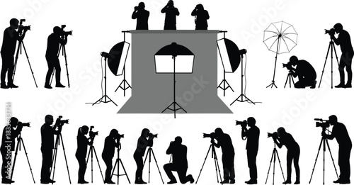 Silhouettes of photographers shooting with tripods, studio lights, backdrops and equipment, capturing professional photography poses, creative work, camera operation and studio sessions