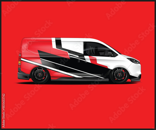 White van with red and black graphics on a red background