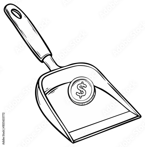 Dustpan sweeping up a dollar coin line art illustration for finance and savings concept