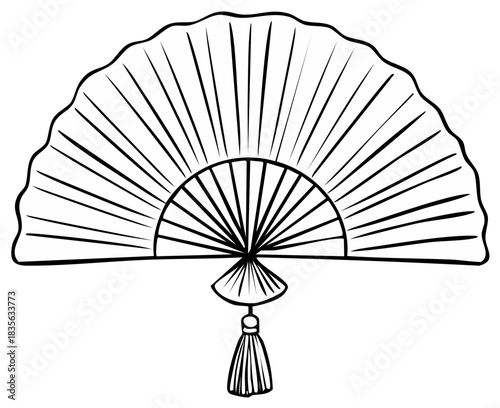Hand fan illustration black and white drawing. Asian style fan with a tassel decoration. Isolated object.