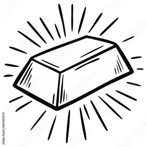 Hand drawn gold bar illustration shining with radiant lines doodle sketch style
