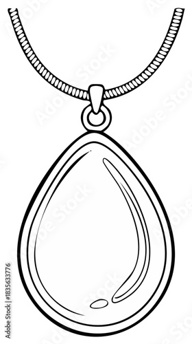 Pendant necklace drawing, black and white illustration of jewelry, teardrop design