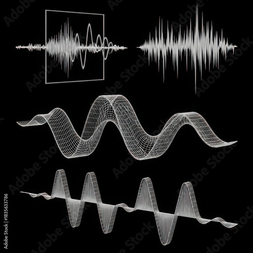 Waveforms and Wireframe Data Visualizations on Black