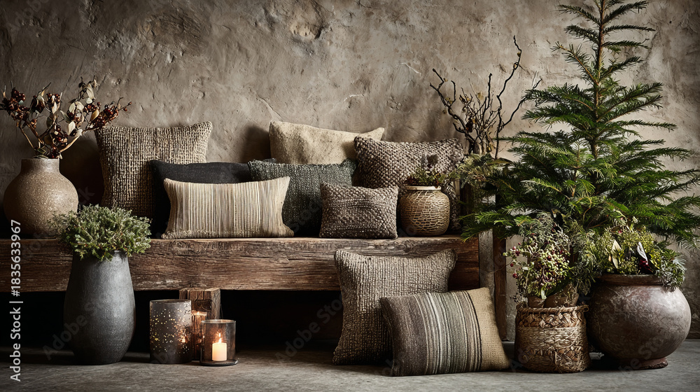 Fototapeta premium Cozy rustic interior with a wooden bench, neutral pillows, ceramic and woven vases, dried branches, a small evergreen tree, and glowing candles, embodying biophilic design, slow living