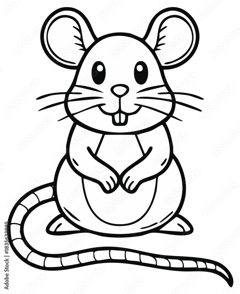 Obraz premium Smiling cartoon mouse character with big ears and a long tail in clean black and white outline art for kids activities.