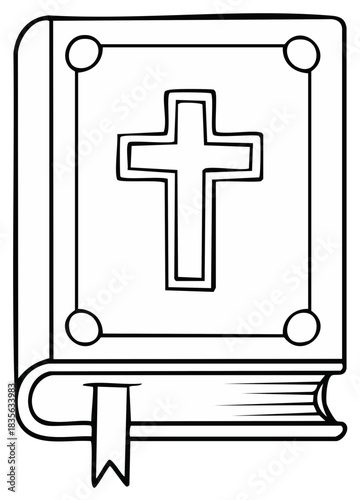 Simple Outline Religious Book with Christian Cross Symbol and Bookmark
