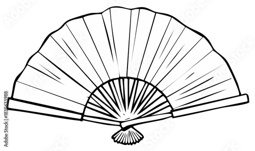Black and white line art of an open folding fan with a tassel