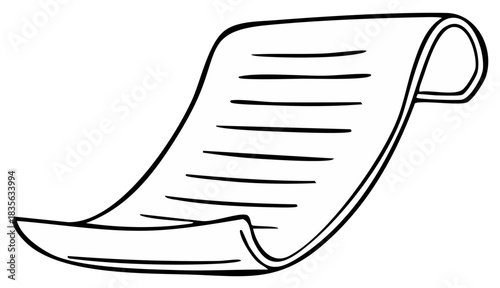 Hand-drawn doodle of document with rolled edge and black lines, writing symbols on page, white background