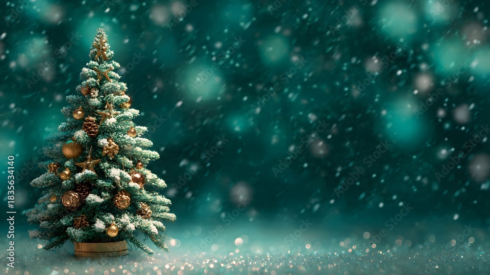 custom made wallpaper toronto digitalSparkling Christmas tree decorated with gold ornaments and frosted pine cones, set against a shimmering dark teal background with heavy snowfall and magical copy space.
