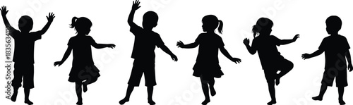 Silhouettes of playful children dancing and moving in joyful poses, representing fun, energy, childhood activity, happiness, freedom, creativity and outdoor motion