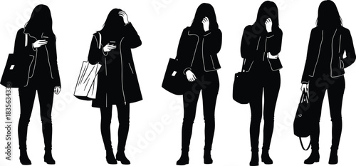 Silhouettes of women standing with bags and smartphones, modern urban fashion poses, contemporary lifestyle illustration for city, shopping, communication and social scenes