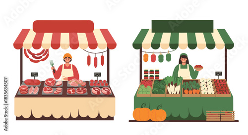 Two vibrant farmers market stalls with friendly vendors, one selling fresh meat and sausages, the other offering organic vegetables and produce.
