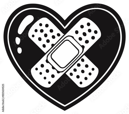 Heart shape with bandage applied. Symbol of healing, healthcare, and love. Black and white graphic.