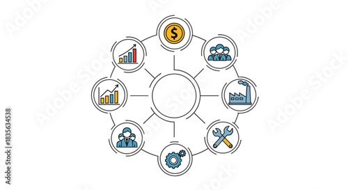Circular infographic diagram with eight business-related icons like finance, teamwork, and industry, connected to a central element.