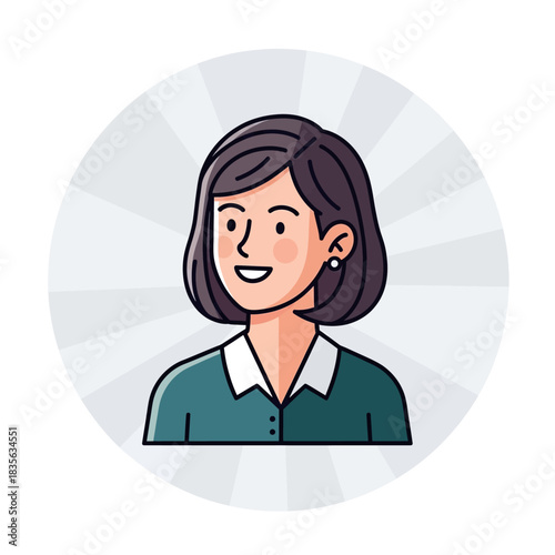 Illustration of a smiling woman with short dark hair and green shirt.