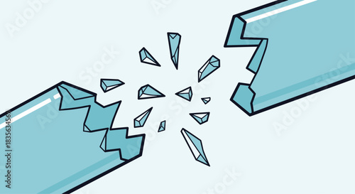 Illustration of a shattered glass object breaking into small sharp pieces, representing a concept of fracture, crisis or destruction.