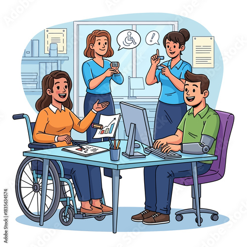 Inclusive Workplace - Diverse Team Collaborating on Project with Accessibility Support.