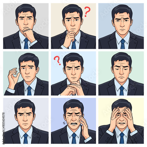 Illustrations of a man showing various emotions and expressions.