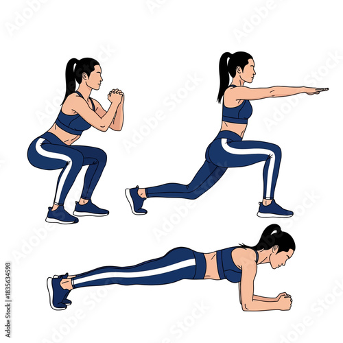 Fitness Routine Illustration - Squats, Lunges, and Plank Exercises.