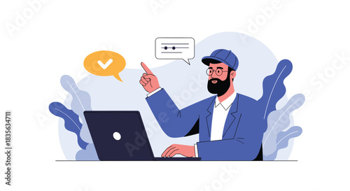 Creative professional with a beard and cap working on a laptop, pointing to an idea, with a settings icon and checkmark bubble.