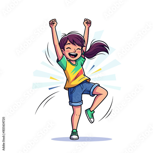 Joyful Girl Celebrating Success with Raised Arms and Cheerful Expression.