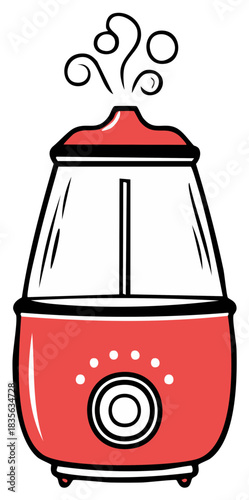 Red essential oil diffuser emitting mist with a simple illustration style and clean lines