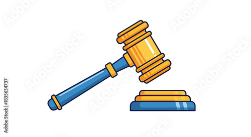 Classic wooden judge's gavel with a gold band and a matching sound block, symbolizing law, justice, and authority in court.