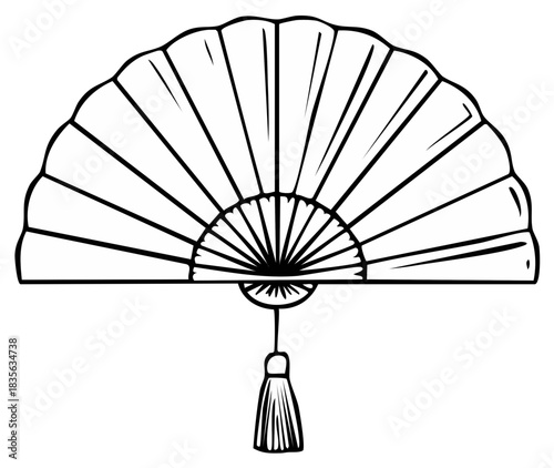 Black and white line art illustration of a traditional Asian folding hand fan with a tassel