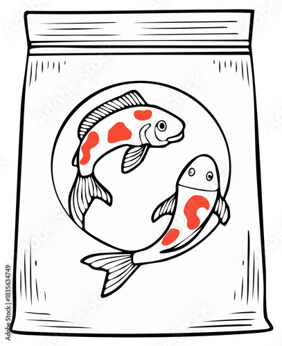Hand drawn bag of fish food with a Japanese koi carp logo illustration