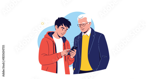Young man patiently showing an elderly man how to use a smartphone, representing intergenerational connection and digital literacy support.