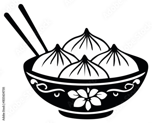 Black and white dumpling bowl illustration with chopsticks vector graphic