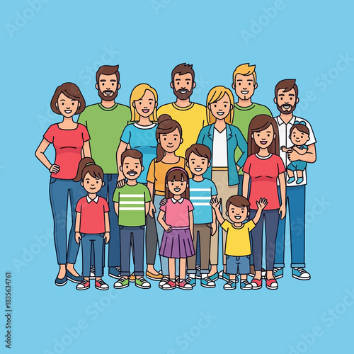 Large Family Gathering Illustration with Parents and Children.