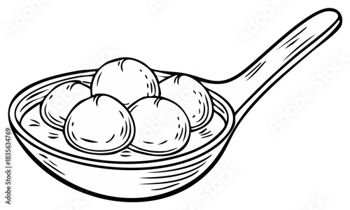 Hand drawn spoon filled with round food items and liquid illustration