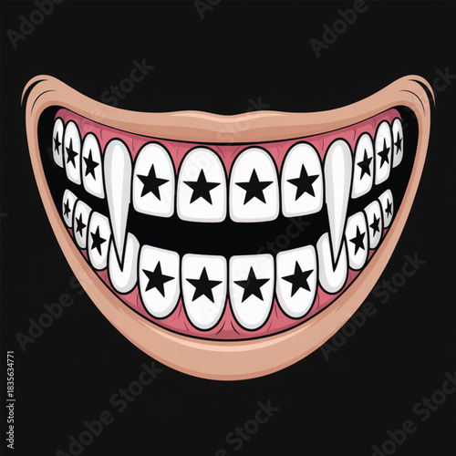Cartoon Mouth With Star Teeth And Vampire Fangs On Black
