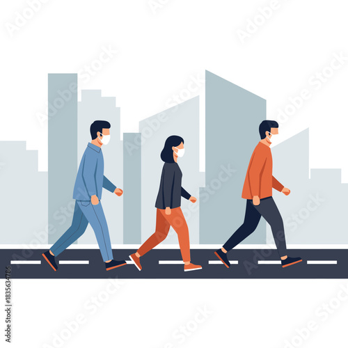 People Wearing Masks Crossing Street in Cityscape Illustration.
