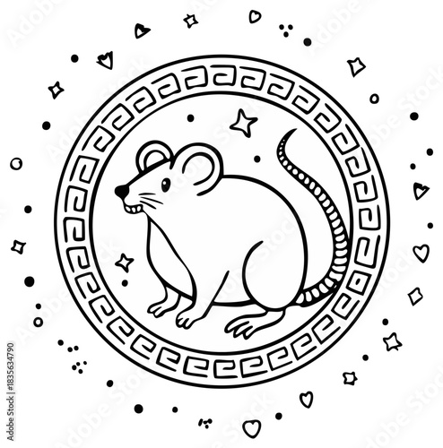 Outline Illustration of Zodiac Rat in Decorative Circle Frame Surrounded by Hearts, Stars and Dots