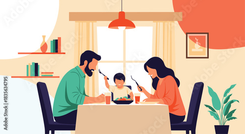 Happy family with a young child having a meal together at the dining table in a cozy and warm home environment.