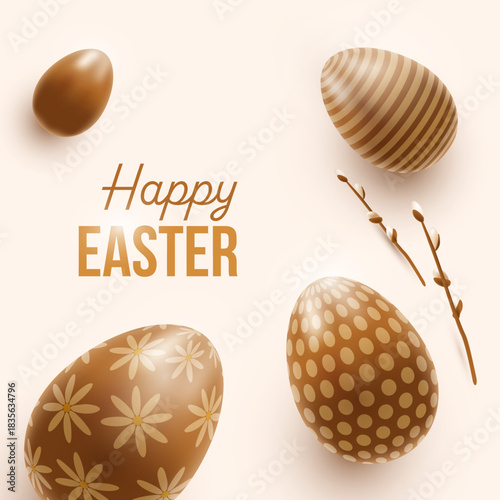 A light Easter poster in warm beige-brown tones featuring glossy decorative eggs with polka dots, floral motifs, and stripes