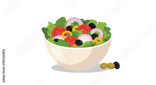 Fresh and healthy Greek salad in a white bowl, featuring lettuce, tomatoes, onions, peppers, and black olives for a nutritious meal.