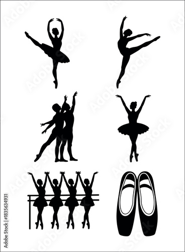 Ballet dancers and pointe shoes silhouette performance Gentleman's Accessories Icon Set.