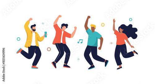 Group of diverse and happy young people dancing with joy and energy at a party, celebrating and having fun together.