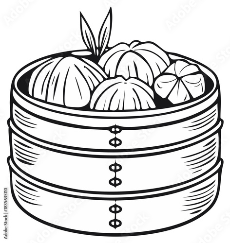 Traditional Asian dim sum dumplings in a multi tiered bamboo steamer basket with fresh garnish