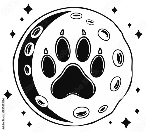 Whimsical cartoon moon with a large animal paw print and sparkling stars illustration
